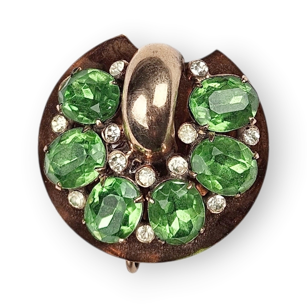 Vintage Green Rhinestone Brooch Rose Gold Plate Lee-Rose Watch Holder Chatelaine